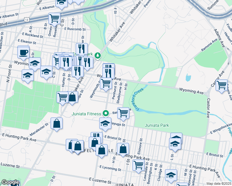map of restaurants, bars, coffee shops, grocery stores, and more near 4601 Penhurst Street in Philadelphia