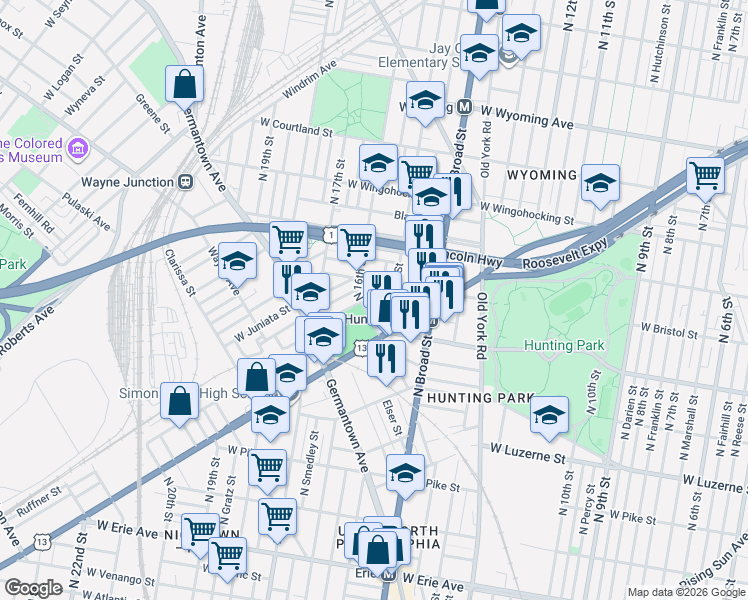 map of restaurants, bars, coffee shops, grocery stores, and more near 4246 North Hicks Street in Philadelphia
