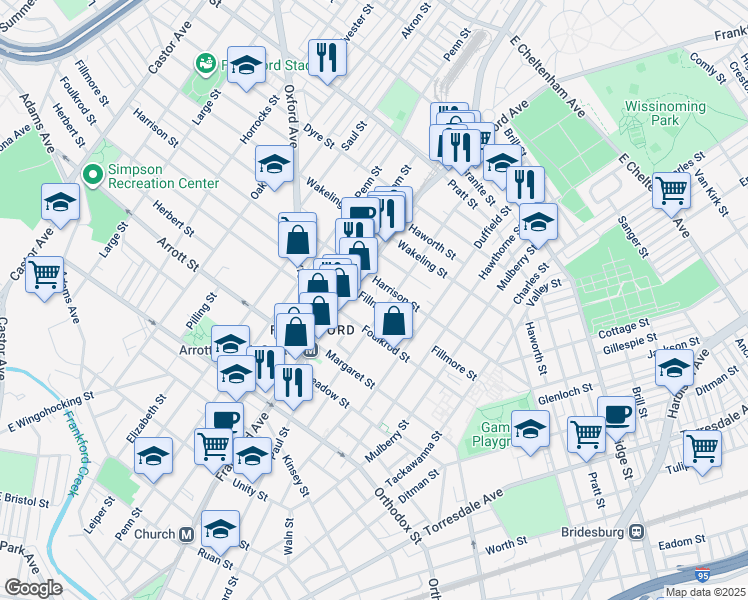 map of restaurants, bars, coffee shops, grocery stores, and more near 1633 Fillmore Street in Philadelphia