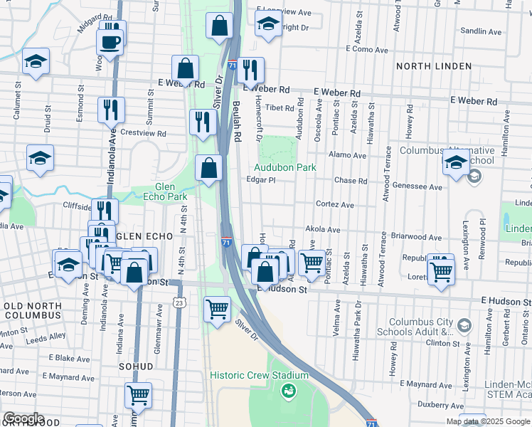 map of restaurants, bars, coffee shops, grocery stores, and more near 725 Arlington Avenue in Columbus
