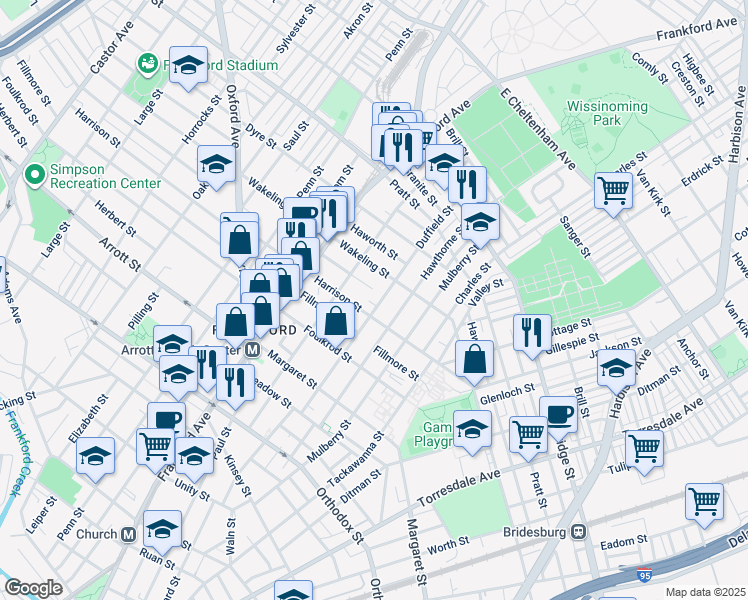 map of restaurants, bars, coffee shops, grocery stores, and more near 4924 Duffield Street in Philadelphia