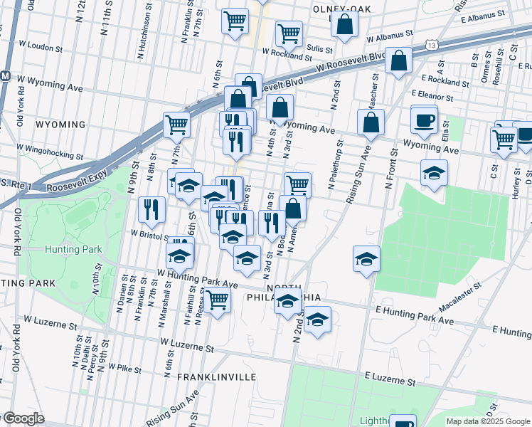 map of restaurants, bars, coffee shops, grocery stores, and more near 4414 North Orianna Street in Philadelphia
