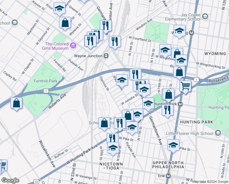 map of restaurants, bars, coffee shops, grocery stores, and more near 1938 Dalkeith Street in Philadelphia