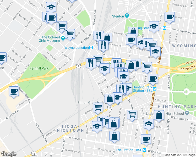 map of restaurants, bars, coffee shops, grocery stores, and more near 1940 Dalkeith Street in Philadelphia
