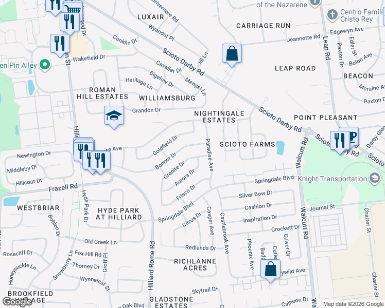 map of restaurants, bars, coffee shops, grocery stores, and more near 5143 Bonner Drive in Hilliard