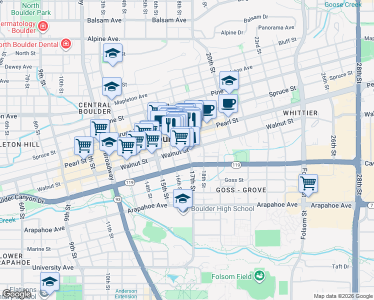 map of restaurants, bars, coffee shops, grocery stores, and more near 17th Street & Walnut Street in Boulder