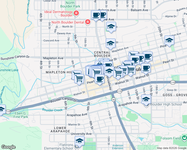 map of restaurants, bars, coffee shops, grocery stores, and more near in Boulder