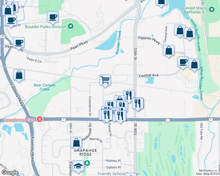 map of restaurants, bars, coffee shops, grocery stores, and more near 1845 Range St in Boulder