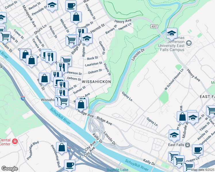 map of restaurants, bars, coffee shops, grocery stores, and more near 260 Rochelle Avenue in Philadelphia