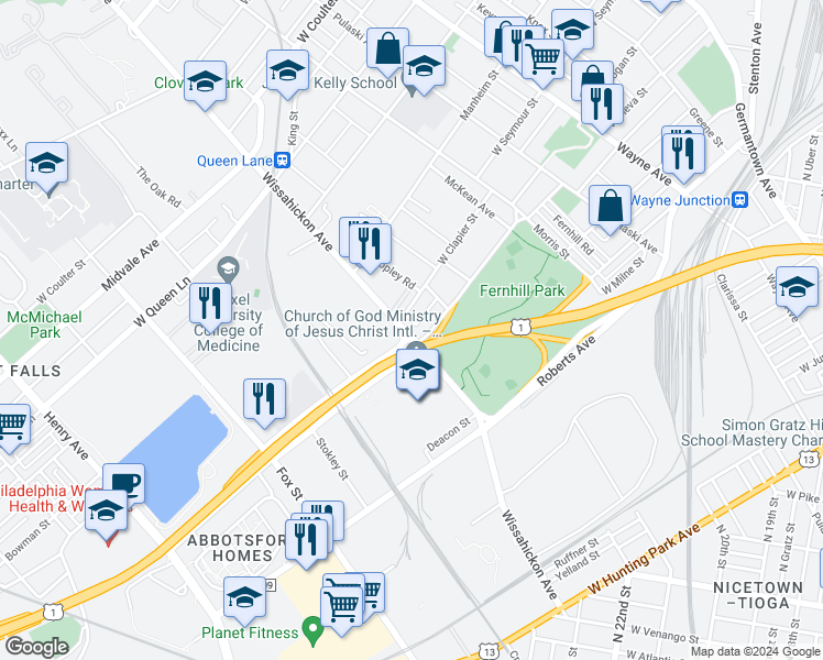map of restaurants, bars, coffee shops, grocery stores, and more near 4917 Wissahickon Avenue in Philadelphia