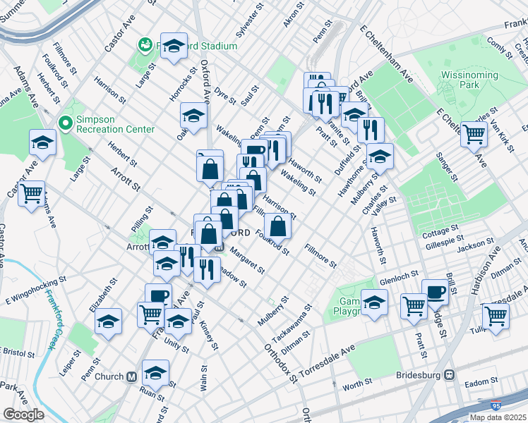 map of restaurants, bars, coffee shops, grocery stores, and more near 1633 Fillmore Street in Philadelphia
