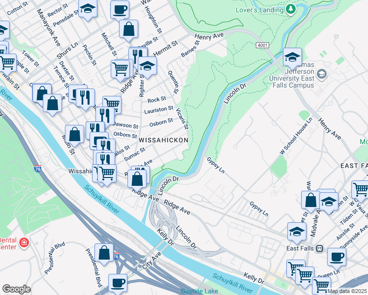 map of restaurants, bars, coffee shops, grocery stores, and more near 264 Rochelle Avenue in Philadelphia