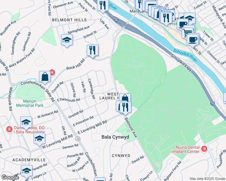 map of restaurants, bars, coffee shops, grocery stores, and more near 160 Vassar Road in Bala Cynwyd