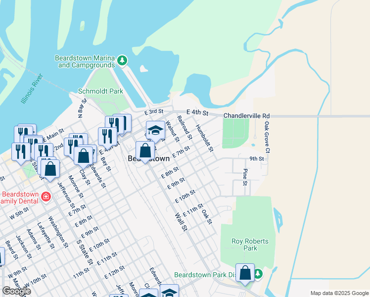 map of restaurants, bars, coffee shops, grocery stores, and more near 647 Walnut Street in Beardstown