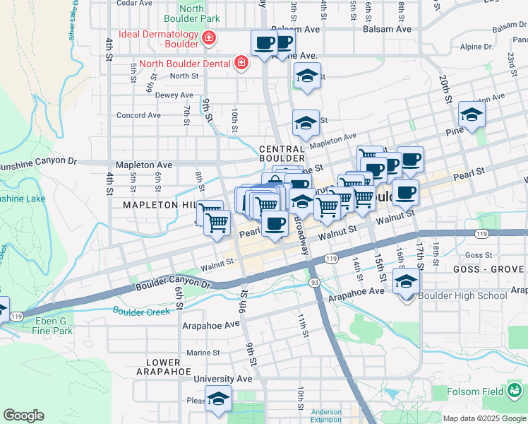 map of restaurants, bars, coffee shops, grocery stores, and more near in Boulder