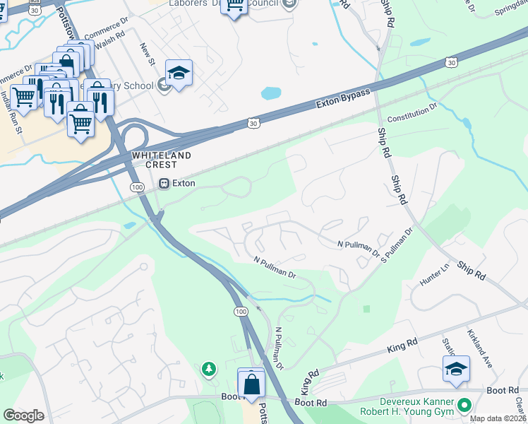 map of restaurants, bars, coffee shops, grocery stores, and more near 606 Coach Hill Court in West Chester