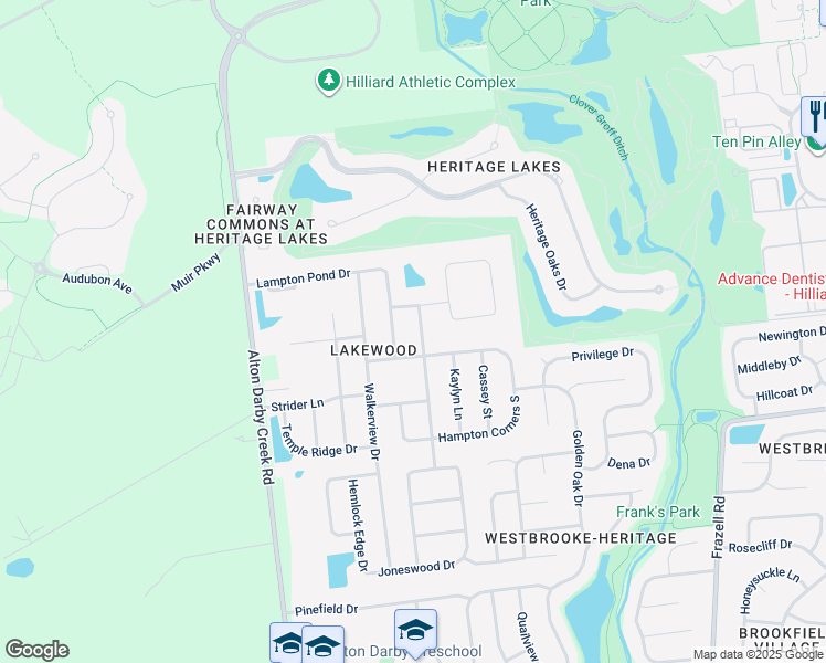 map of restaurants, bars, coffee shops, grocery stores, and more near 3253 Echo Park Drive in Hilliard