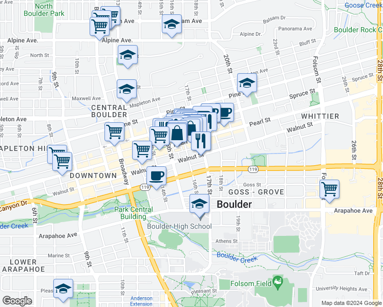 map of restaurants, bars, coffee shops, grocery stores, and more near 1603 Walnut Street in Boulder