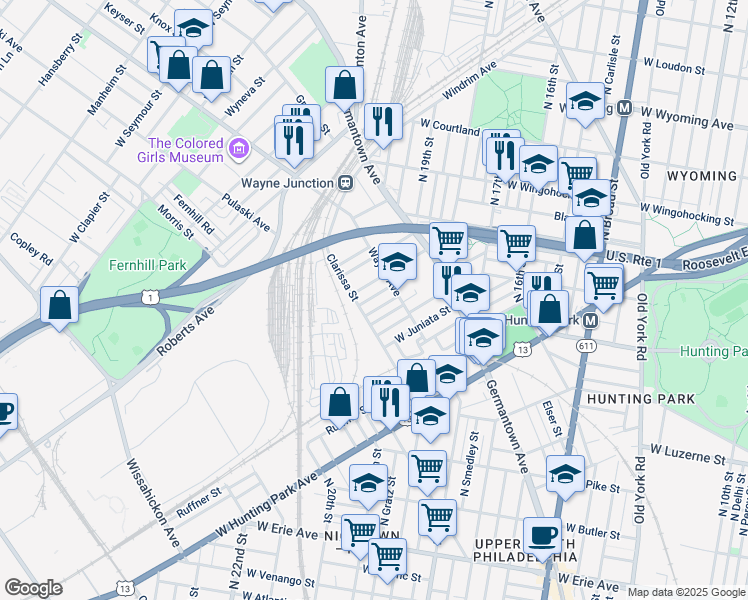 map of restaurants, bars, coffee shops, grocery stores, and more near 1936 Dalkeith Street in Philadelphia