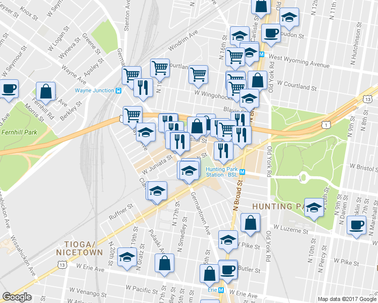 map of restaurants, bars, coffee shops, grocery stores, and more near 1704 West Juniata Street in Philadelphia