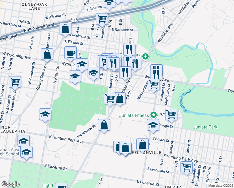 map of restaurants, bars, coffee shops, grocery stores, and more near 4539 D Street in Philadelphia