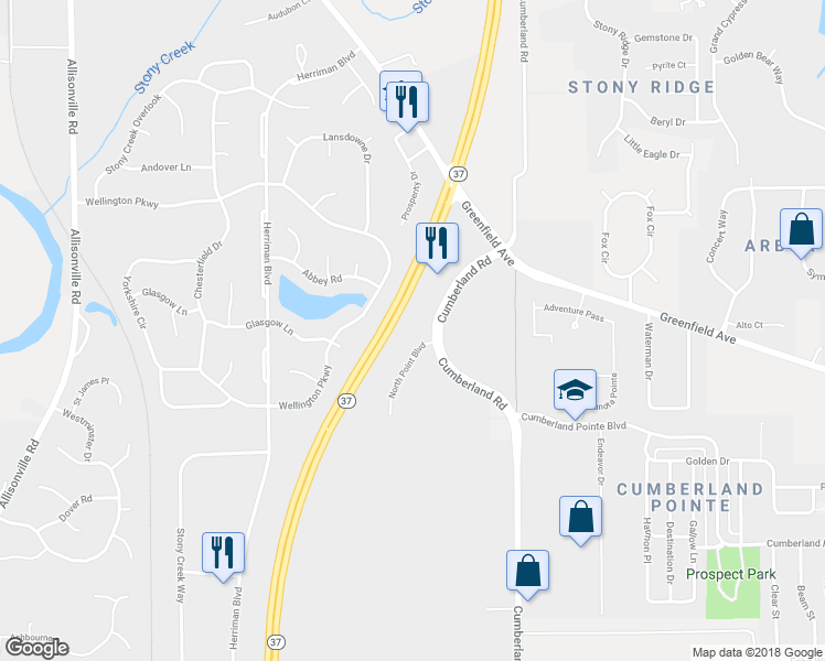 map of restaurants, bars, coffee shops, grocery stores, and more near 15755 North Point Boulevard in Noblesville