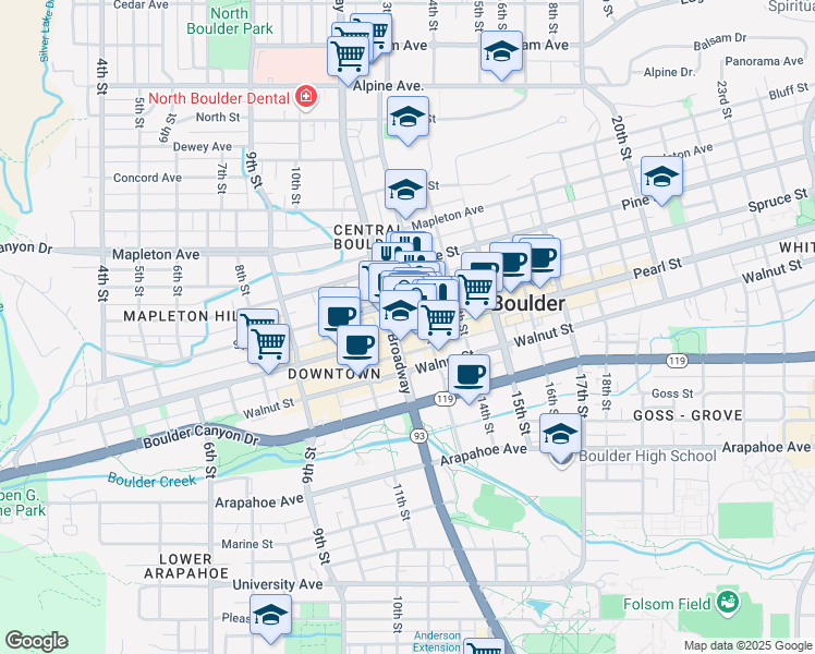 map of restaurants, bars, coffee shops, grocery stores, and more near 2015 13th Street in Boulder