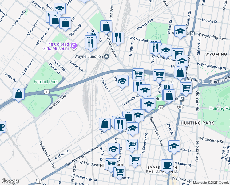 map of restaurants, bars, coffee shops, grocery stores, and more near 1936 Dalkeith Street in Philadelphia