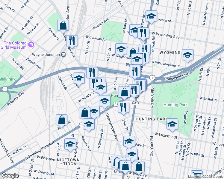 map of restaurants, bars, coffee shops, grocery stores, and more near 1616 Dounton Street in Philadelphia