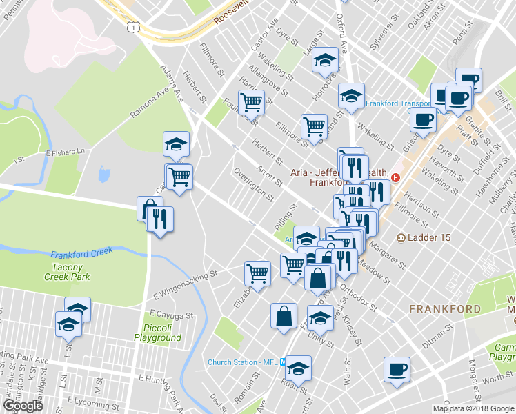 map of restaurants, bars, coffee shops, grocery stores, and more near 1241 Orthodox Street in Philadelphia