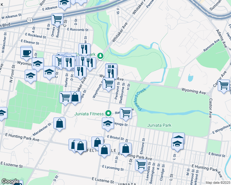 map of restaurants, bars, coffee shops, grocery stores, and more near 4600 Penhurst Street in Philadelphia