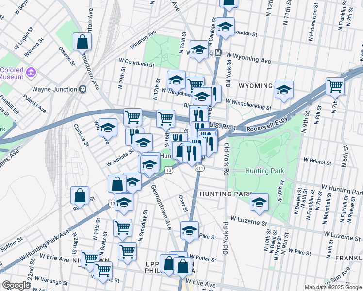 map of restaurants, bars, coffee shops, grocery stores, and more near 4238 North 15th Street in Philadelphia