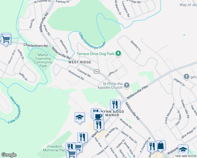 map of restaurants, bars, coffee shops, grocery stores, and more near 1129 Colonial Road in Lancaster