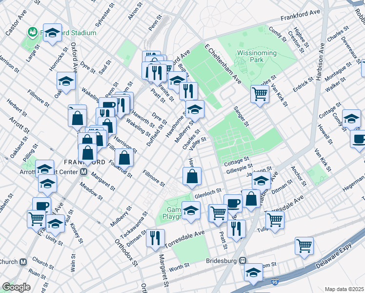 map of restaurants, bars, coffee shops, grocery stores, and more near 5026 Charles Street in Philadelphia