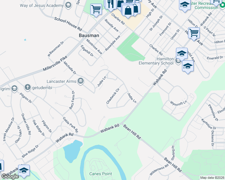 map of restaurants, bars, coffee shops, grocery stores, and more near 1613 Chadwick Circle in Lancaster
