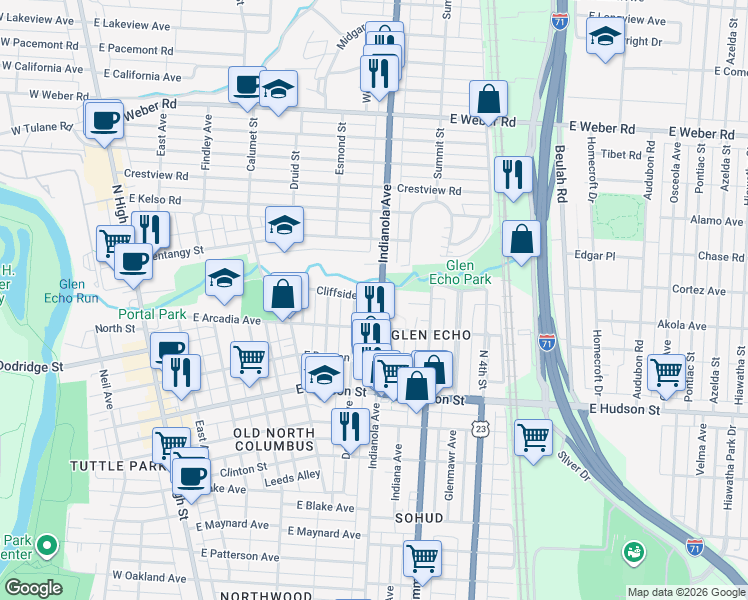 map of restaurants, bars, coffee shops, grocery stores, and more near 356 Cliffside Drive in Columbus