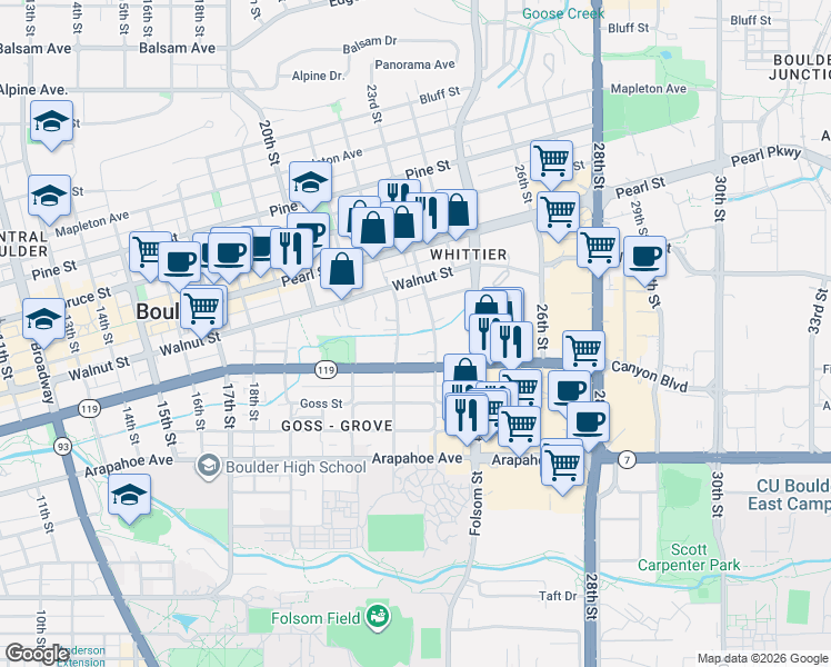 map of restaurants, bars, coffee shops, grocery stores, and more near 1834 22nd Street in Boulder