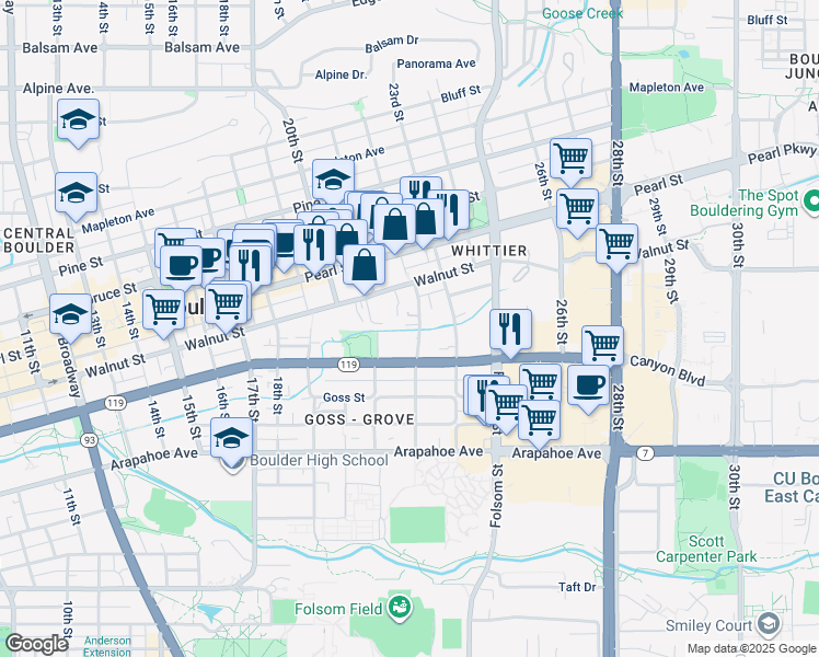 map of restaurants, bars, coffee shops, grocery stores, and more near 2175 South Walnut Street in Boulder