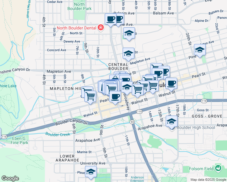 map of restaurants, bars, coffee shops, grocery stores, and more near in Boulder