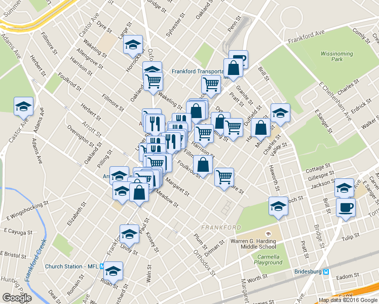 map of restaurants, bars, coffee shops, grocery stores, and more near 1628 Harrison Street in Philadelphia