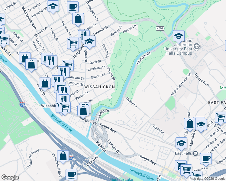 map of restaurants, bars, coffee shops, grocery stores, and more near 260 Rochelle Avenue in Philadelphia
