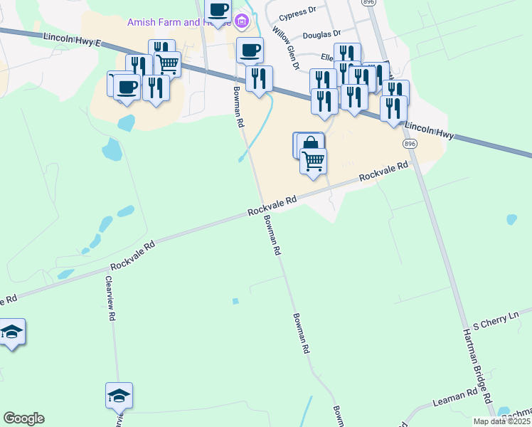 map of restaurants, bars, coffee shops, grocery stores, and more near 2304 Rockvale Road in Lancaster