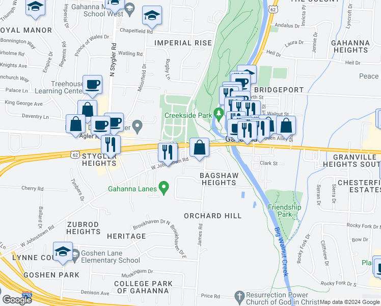 map of restaurants, bars, coffee shops, grocery stores, and more near 111 Olde Ridenour Road in Gahanna