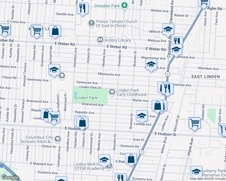map of restaurants, bars, coffee shops, grocery stores, and more near 1426 Arlington Avenue in Columbus