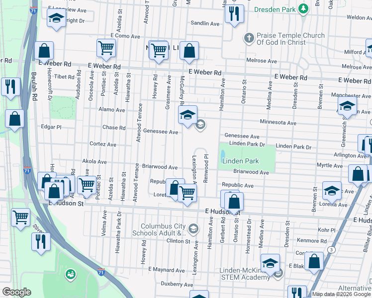map of restaurants, bars, coffee shops, grocery stores, and more near 2589 Mcguffey Road in Columbus