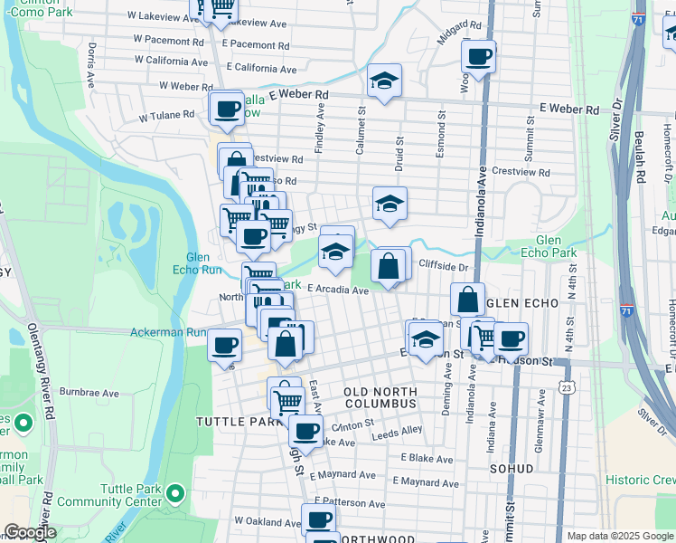 map of restaurants, bars, coffee shops, grocery stores, and more near 100 East Arcadia Avenue in Columbus