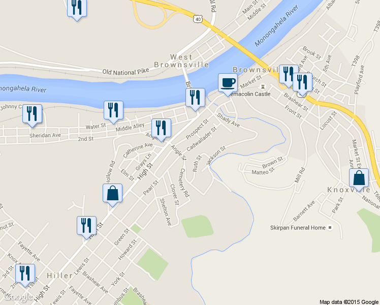 map of restaurants, bars, coffee shops, grocery stores, and more near 327 Cadwallader St in Brownsville