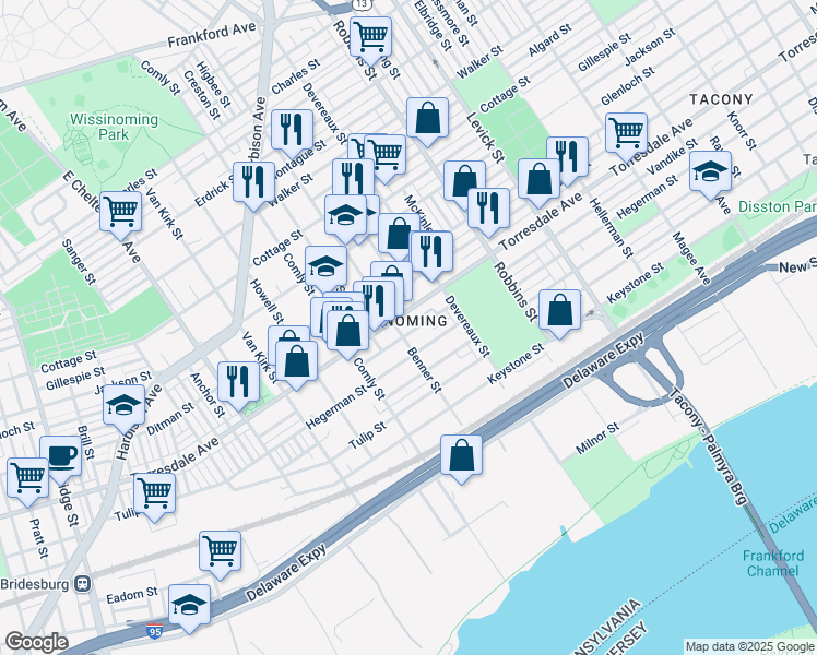 map of restaurants, bars, coffee shops, grocery stores, and more near 6110 Vandike Street in Philadelphia