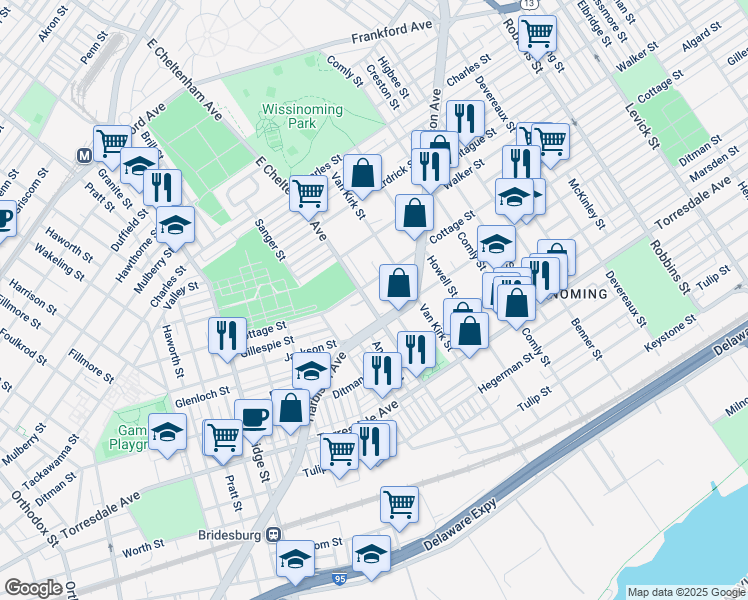 map of restaurants, bars, coffee shops, grocery stores, and more near 1955 East Cheltenham Avenue in Philadelphia