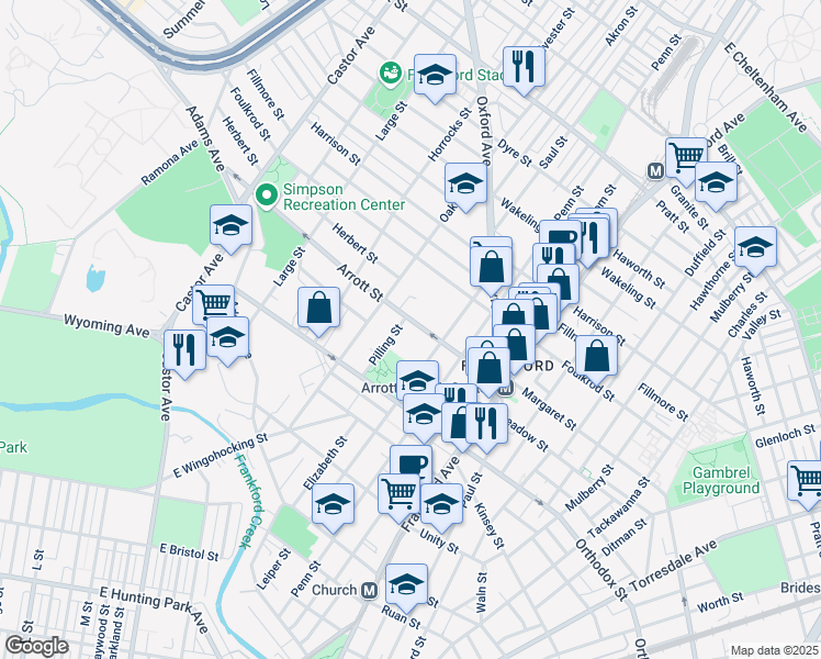 map of restaurants, bars, coffee shops, grocery stores, and more near 1332 Arrott Street in Philadelphia